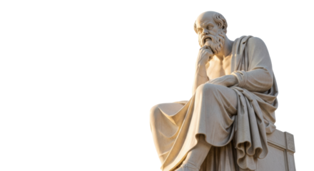 Majestic ancient greek socrates marble statue, elderly man with beard in toga, contemplative, transparent studio background with copy space, soft golden hour cinematic light, concept of philosophy