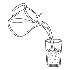 Line art illustration of a pitcher pouring water into a glass with ice cubes and bubbles