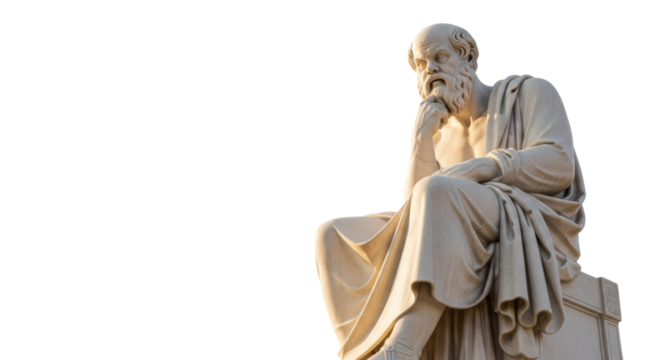 Majestic ancient greek socrates marble statue, elderly man with beard in toga, contemplative, transparent studio background with copy space, soft golden hour cinematic light, concept of philosophy