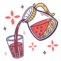 Whimsical illustration of a pitcher pouring red liquid into a glass with decorative elements
