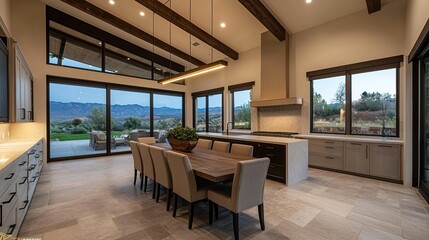 A modern kitchen and dining area featuring large windows, natural light, and rustic wooden beams, offering a scenic view of the outdoors.