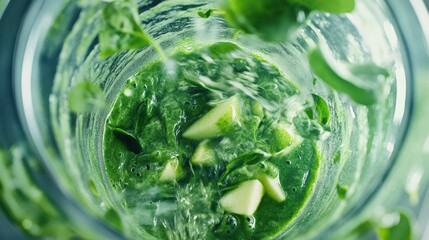 Fresh, vibrant green smoothie ingredients being blended in a glass blender.  A close-up view captures the vibrant green hues and the texture of the mixture.