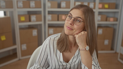 Woman leaning on hand over stacked cardboard parcels on shelves in delivery office; reflection calm.