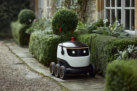 Small white delivery robot on a gravel path, surrounded by hedges and an old house