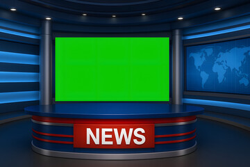 News studio green screen mockup, television broadcast background, chroma key media template, modern journalism newsroom, digital communication presentation, professional press coverage, anchor desk te