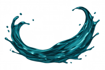 Turquoise liquid arcing dynamically, creating energetic splash pattern with transparent background, highlighting fluid movement