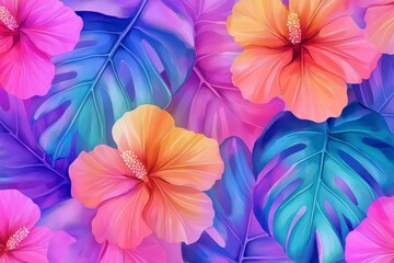 Obraz premium Vibrant tropical floral illustration featuring hibiscus flowers in shades of pink and orange, surrounded by lush green leaves, creating a lively and colorful botanical scene