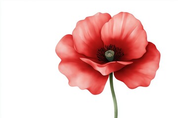 Naklejka premium Vibrant red poppy flower illustration with delicate petals and intricate details, showcasing natural beauty and elegance in a minimalist design with copy space isolated on white background