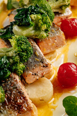 Close-up of grilled salmon fillets served with steamed broccoli, spinach, and cherry tomatoes, beautifully plated with creamy sauce and herbs for an elegant presentation.