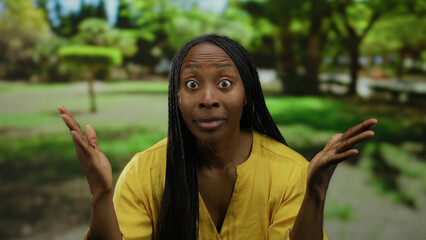 Woman expressing surprise in a sunny park, wearing a bright yellow shirt, with lush green trees in the background, embodying joy and vibrancy in an outdoor setting.