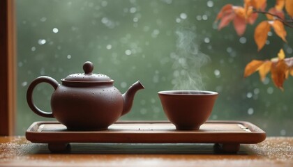 Fototapeta premium Teapot and teacup on a windowsill on a rainy day, soft bokeh