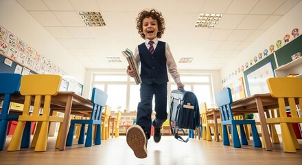 Excited Schoolboy Running Towards Camera in Bright Classroom, Ready for Learning and Education.