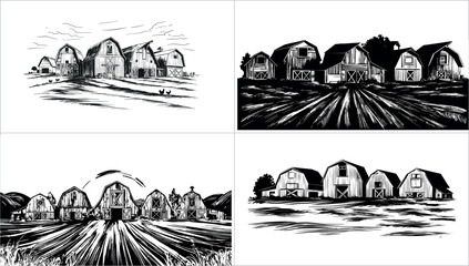 Set of four different farm barn sketch illustrations isolated on white background