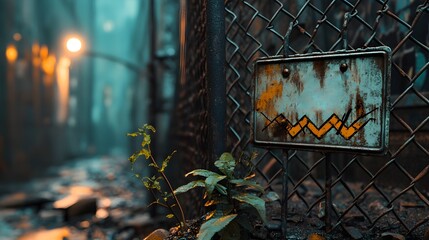 A rusty, cartoon-like sign hangs on a chain-link fence in a misty urban alley at night.