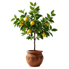 A compact potted lemon tree with bright yellow lemons on an ornate terracotta pot against a transparent  background, representing growth and freshness.