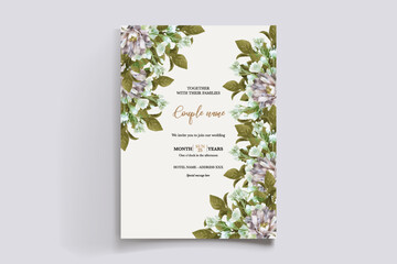 WEDDING INVITATION FRAME WITH FLOWER DECORATIONS AND FRESH LEAVES © IGNA