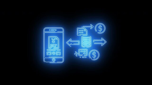 Blue neon glowing mobile payment smartphone diagram with arrows showing digital money transaction flow - Powered by Adobe