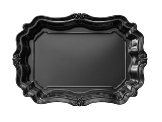 Ornate silvery tray with decorative flourishes and vintage styling against transparent isolated