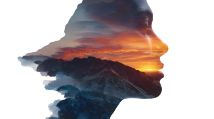 Contemplative Profile with Mountain Sunset, isolated on transparent background