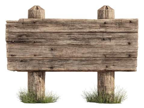 Weathered wooden sign with grass accents on an isolated transparent background ready to customize