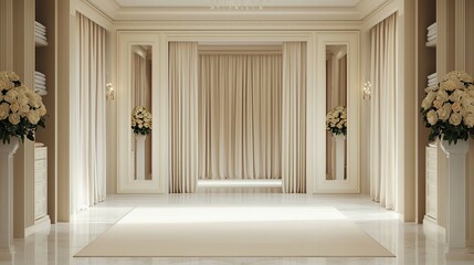 Elegant hallway with soft lighting, beige curtains, and floral arrangements, creating a serene and luxurious atmosphere.