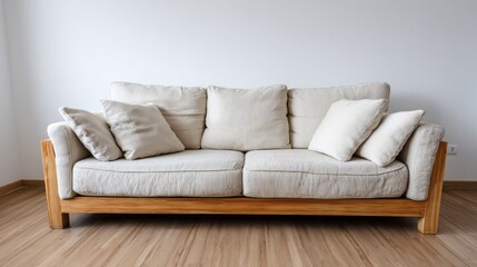 Fototapeta premium A light beige sofa with wooden frame sits in a minimalist living room setting.