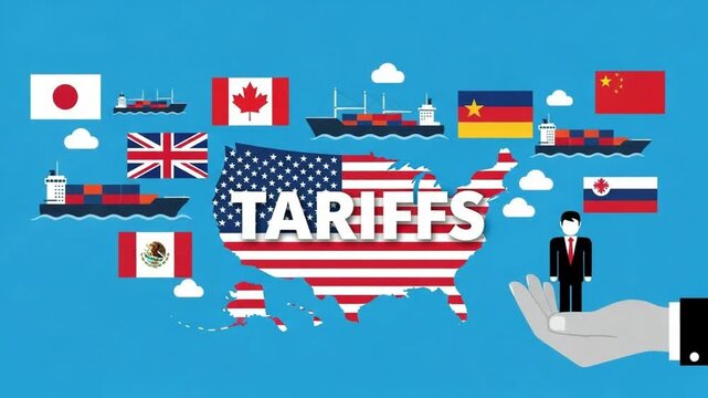 Illustration showing tariffs over usa map with flags, cargo ships, and a hand holding a businessman