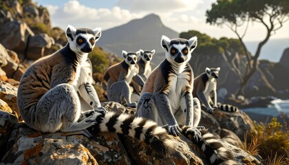 Fototapeta premium A group of ring-tailed lemurs rests on rocky outcrops, their distinctive striped tails and coats creating a vibrant display against the backdrop of a scenic coastal landscape.