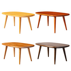 Four oval wooden coffee tables with tapered legs isolated on transparent background