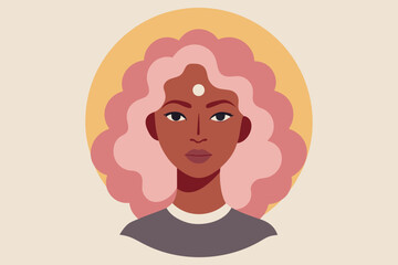 Obraz premium Illustrated Woman with Pink Curly Hair, Third Eye, on a Yellow Circle Background