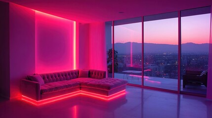 A modern living room featuring a pink-lit sofa and large windows showcasing a city view at sunset.