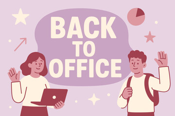 Back to Office banner flat vector illustration bold oversized text inside rounded blob cartoon characters waving with laptops and backpacks pastel trendy palette with #D8BFD8 #9B2335.