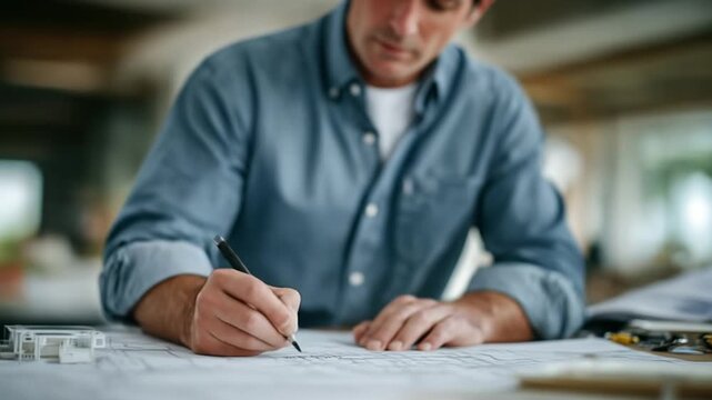 Skilled construction drafter meticulously marks structural lines on blueprints, crafting detailed scale drawings of a multi-level building amidst a cluttered desk.