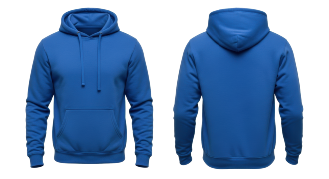 Vibrant royal blue fleece cotton blend hoodie, adjustable hood, drawstrings, ribbed cuffs, kangaroo pocket, front & back views on white background with copy space, e-commerce product display