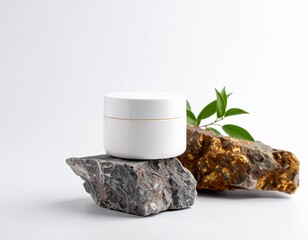 A white cosmetic jar placed on textured rocks with green leaves in the background