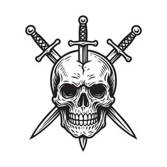 skull stabbed with three swords	sketch engraving in black and white vintage style collection PNG illustration