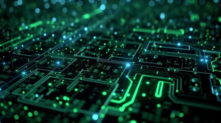 Dynamic digital circuit board pulses with vibrant green and blue energy, showcasing innovative technology and futuristic data flow for advanced computing and AI. - Powered by Adobe