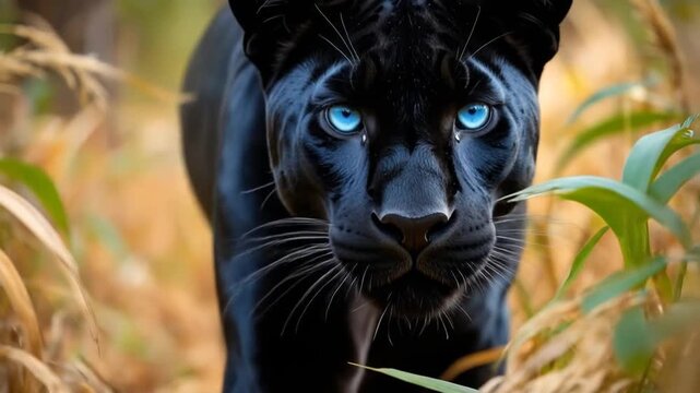 Black panther with blue eyes in grass