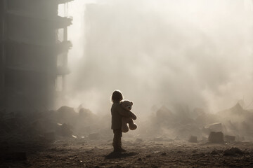 Lonely Child with Toy in War Zone
