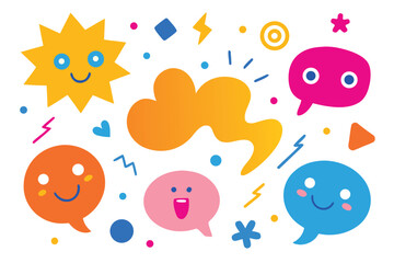 Playful Cartoon Speech Bubbles and Shapes with Smiling Faces and Fun Decorations on White Background