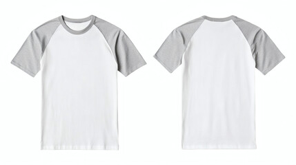 Plain raglan t-shirt mockup template,white body and light gray sleeves, showcasing front and back perspectives, ideal for presenting designs, personalization, and branding, professionally 