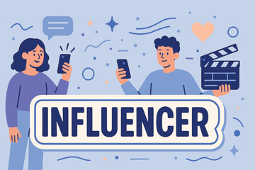 Influencer banner flat vector illustration bold oversized text inside outline cartoon characters holding smartphones and clapper board pastel trendy palette with #5B5EA6 #B0E0E6 abstract.