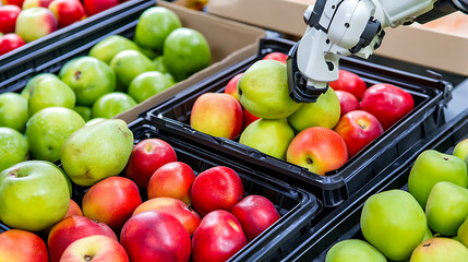 Robotic Arm Selecting Apples from Trays in a Market Setting