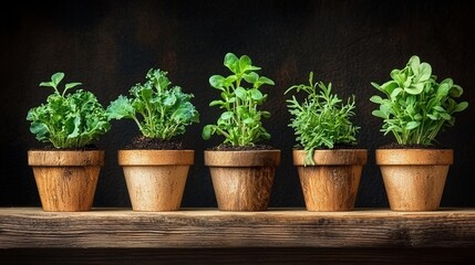 Fototapeta premium Five potted herbs arranged on rustic wooden shelf