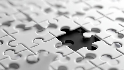 Close-up of a white jigsaw puzzle with one piece missing
