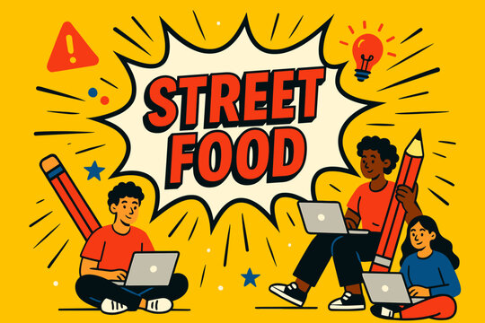 banner flat vector illustration bold oversized text inside comic burst cartoon characters sitting with laptops and pencils bright solid colors high contrast motion lines and abstract icons.