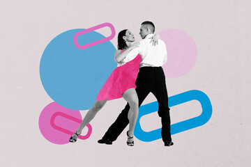 Zine creative full photo collage of happy girl guy couple dance weekend party celebration event discotheque chill occasion relax