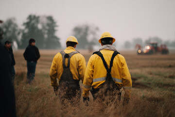 Firefighters walking through field during emergency response