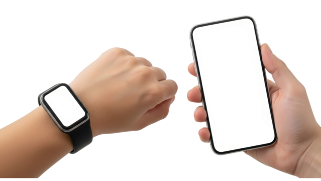 Smartwatch on wrist and smartphone in hand isolated
