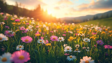 Fototapeta premium Vibrant wildflowers bloom at sunset in a mountain meadow